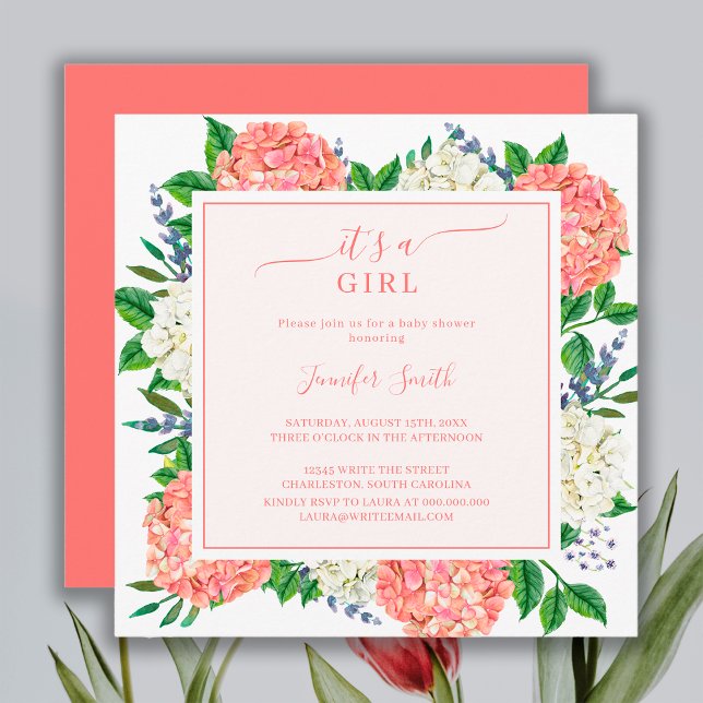 Invitación Elegante hidrangea rosada Es un Baby Shower Chica (Subido por el creador)