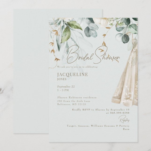 Invitación Elegante hidránico blanco vestido Sage Bridal Duch (Anverso / Reverso)