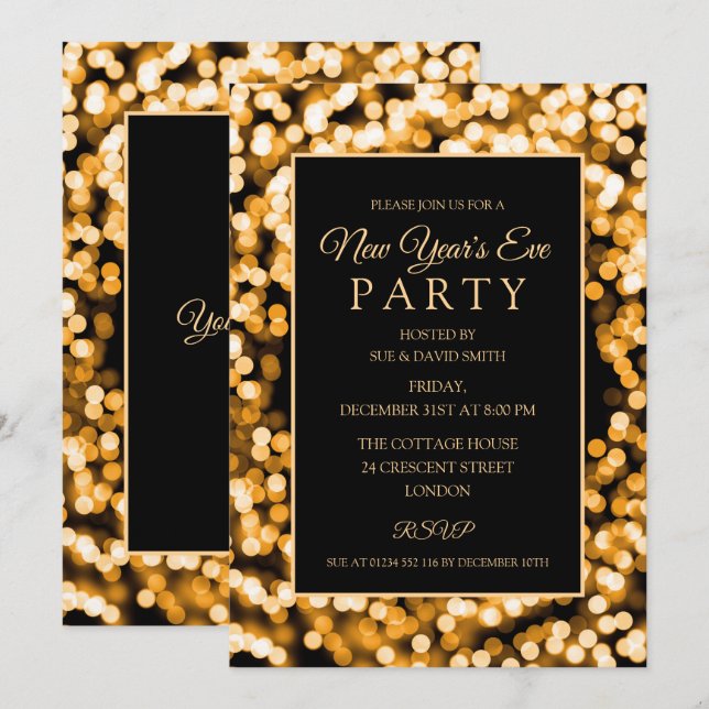 Invitación Elegante hilo musical de Año Nuevo dorado (Anverso / Reverso)