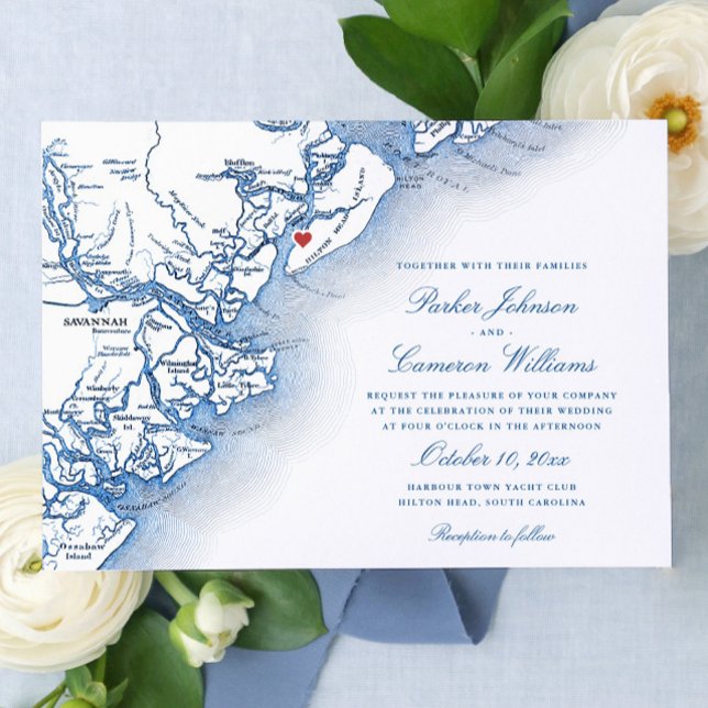 Invitación Elegante Hilton Head Island Map Navy Blue Boda (Hilton Head Island SC Map wedding invitations for an elegant Harbour Town Yacht Club wedding)