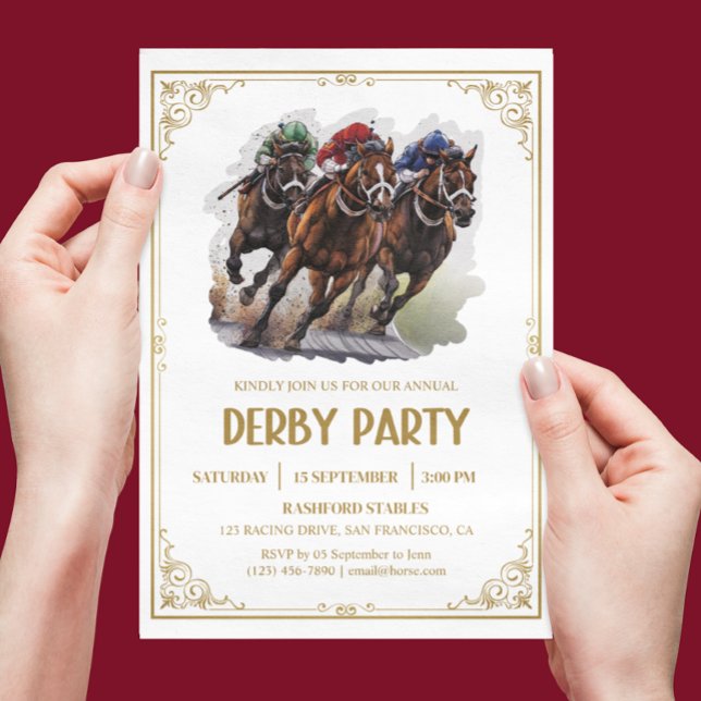 Invitación Elegante hipódromo Derby Fiesta Ecuestre (Vintage Gold Derby Party Invitation)