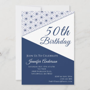 Invitación Elegante hito de 50 años en azul marino y blanco g