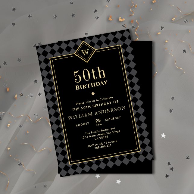 Invitación Elegante Hitos Masculinos de Oro y Negro Cumpleaño (Elegant Black & Gold Masculine Milestone Birthday Invitation)