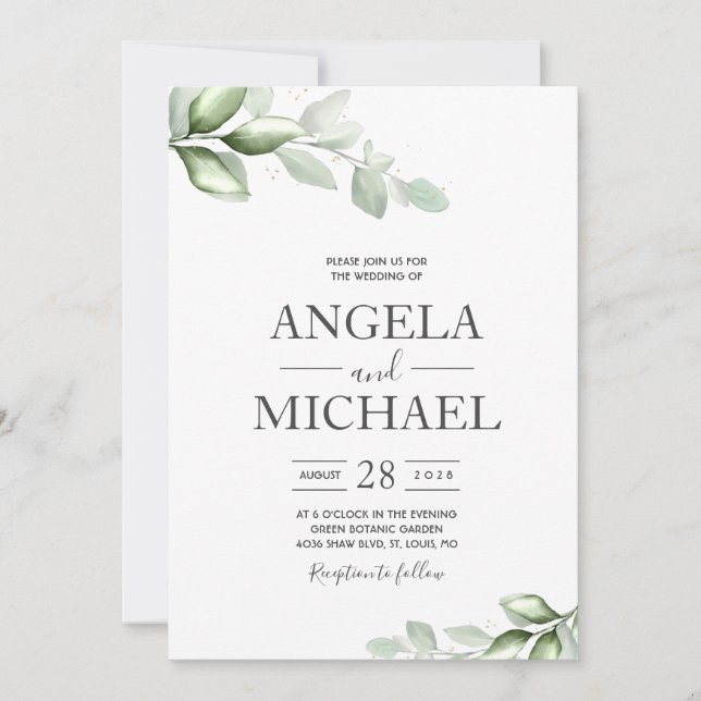 Invitación Elegante hoja boho de eucalipto acuarela (Anverso)