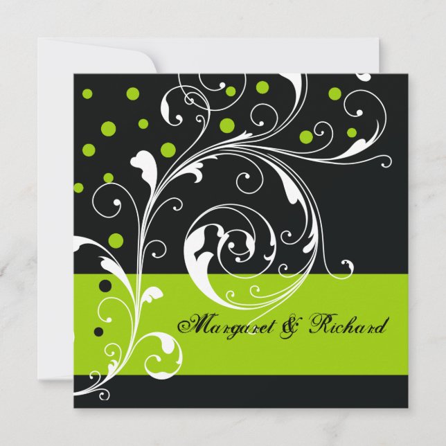 Invitación Elegante hoja de desplazamiento floral negro, boda (Anverso)