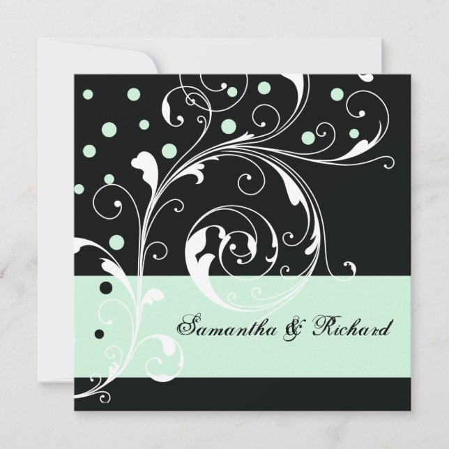 Invitación Elegante hoja de desplazamiento floral negro, boda (Anverso)