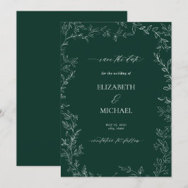 Invitación Elegante hoja moderna verde esmeralda salva la fec