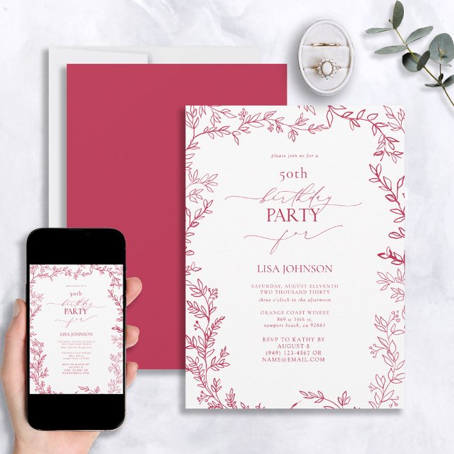 Invitación Elegante Hoja Moderna Vivid Magenta 50 cumpleaños (Subido por el creador)