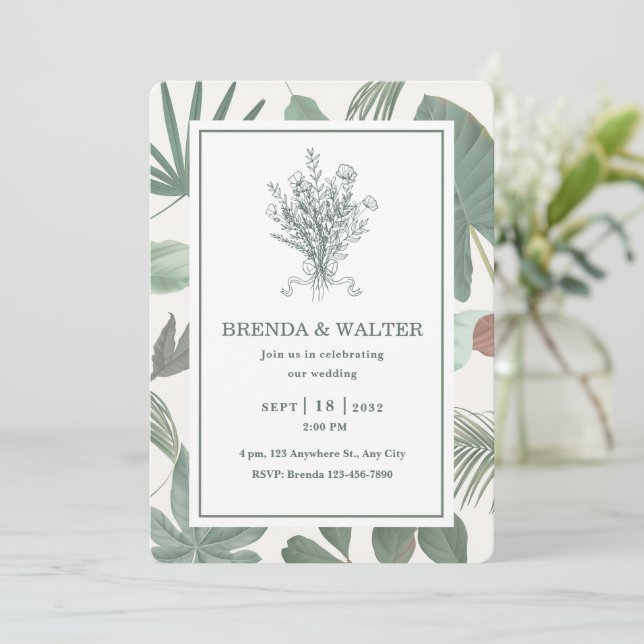 Invitación Elegante hojas de verde botánico Sketch  (Anverso de pie)