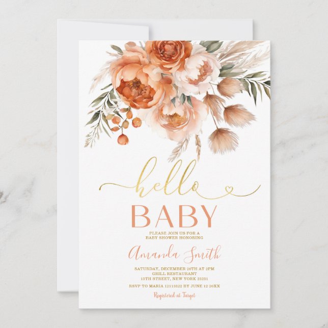 Invitación Elegante Hola bebé Naranja quemado Floral Baby Sho (Anverso)