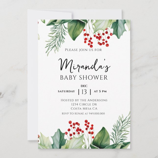 Invitación Elegante Holly Berries Navidades Baby Shower (Anverso)