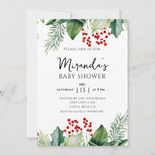Invitación Elegante Holly Berries Navidades Baby Shower