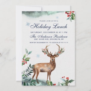 Invitación Elegante Holly Berry Deer Navidades Holiday Lunch