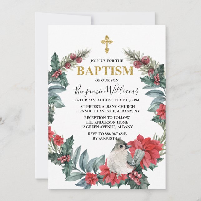 Invitación Elegante Holly Berry Winter Baptism (Anverso)