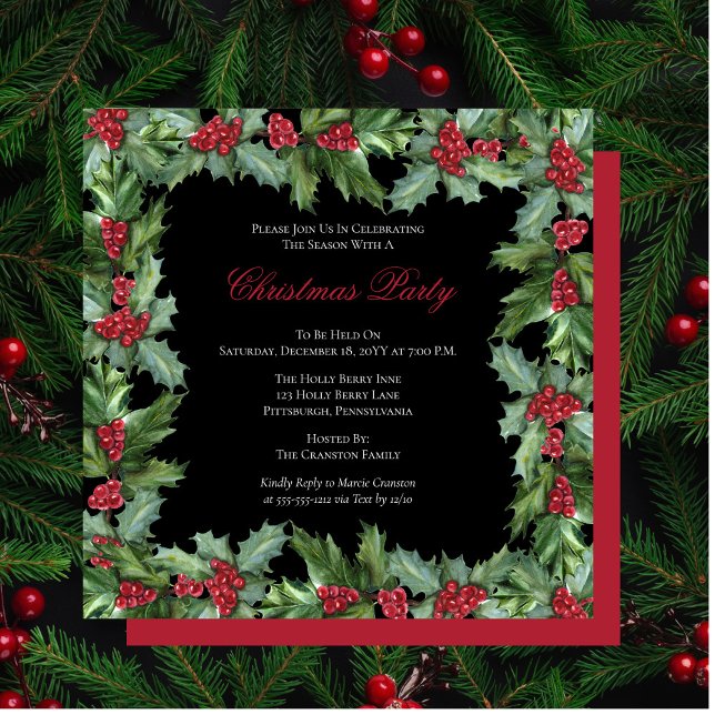 Invitación Elegante Holly y Berries Navidades de cuadro Fiest (Subido por el creador)