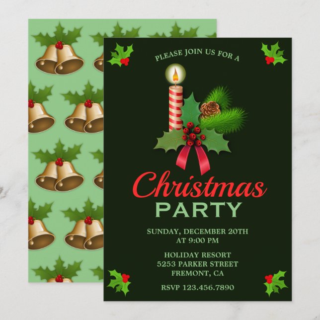 Invitación Elegante Holly y Vela | Fiesta de navidades invita (Anverso / Reverso)