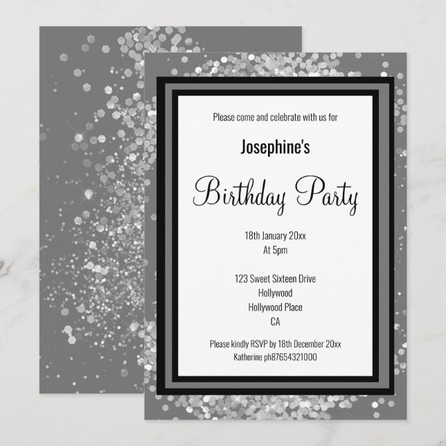 INVITACIÓN ELEGANTE HOLOGRAFÍA DE PLATA GRIS GRIS NEGRO CUMPL (Anverso / Reverso)
