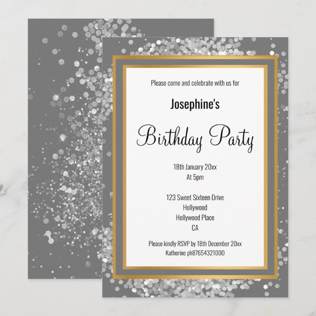INVITACIÓN ELEGANTE HOLOGRAFÍA DE PLATA GRIS ORO CUMPLEAÑOS (Anverso / Reverso)
