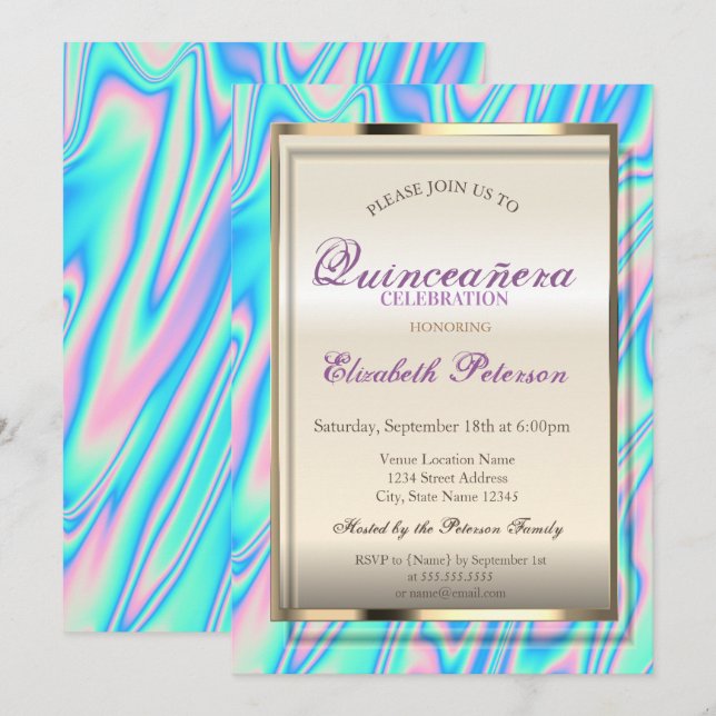 Invitación Elegante Holográfico de moda Quinceañera (Anverso / Reverso)