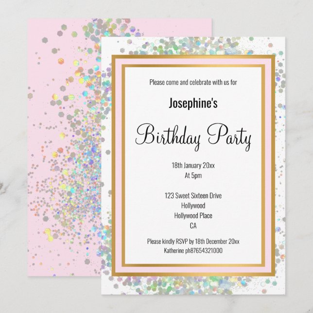 INVITACIÓN ELEGANTE HOLOGRÁFICO PASTEL ORO ROJO CUMPLEAÑOS (Anverso / Reverso)