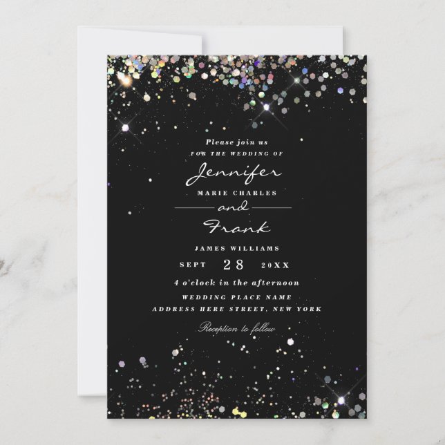 Invitación Elegante Holográfico Sparkly Purpurina Boda negro (Anverso)