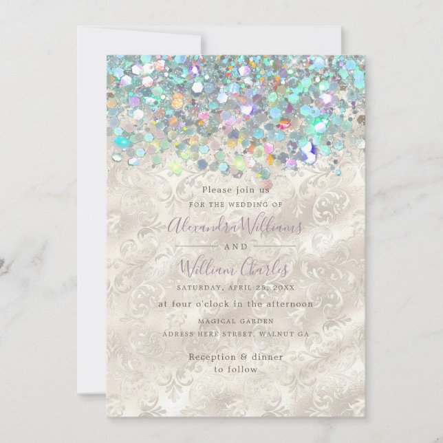 Invitación Elegante Holográfico Sparkly Purpurina Marfil Mode (Anverso)