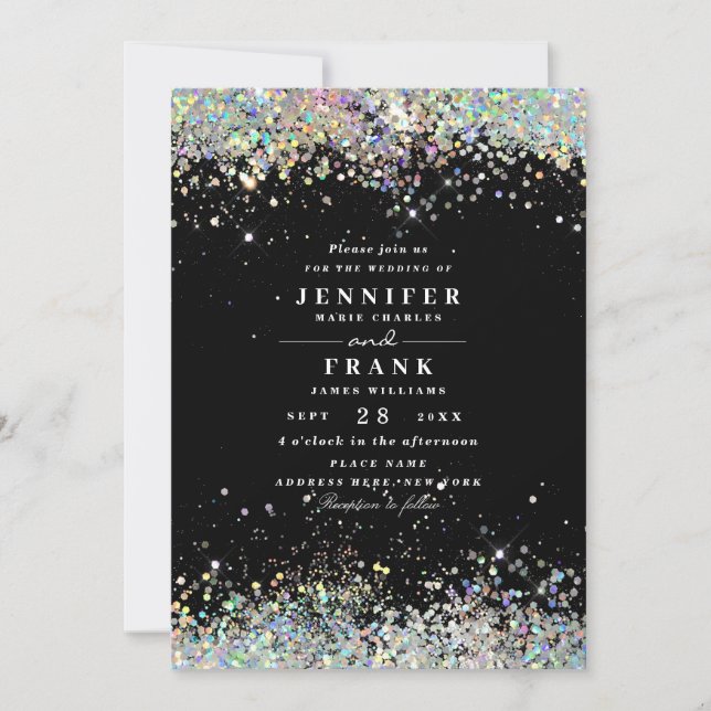 Invitación Elegante Holográfico Sparkly Purpurina Negro Moder (Anverso)