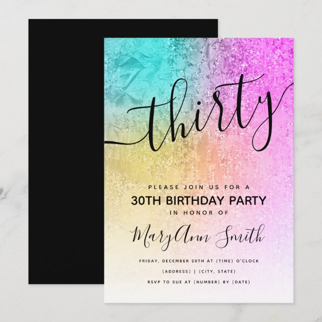 Invitación Elegante Holograma Purpurina Cumpleaños Treinta (Anverso / Reverso)
