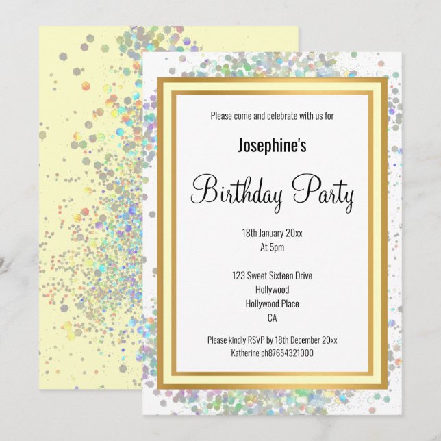 INVITACIÓN ELEGANTE HOLOGRO PASTEL LEMON ORO CUMPLEAÑOS (Anverso / Reverso)