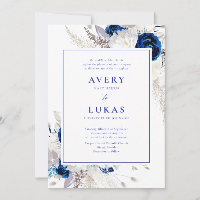 Invitación Elegante Horizon Azul y Boda Floral Blanco Invita (Anverso)