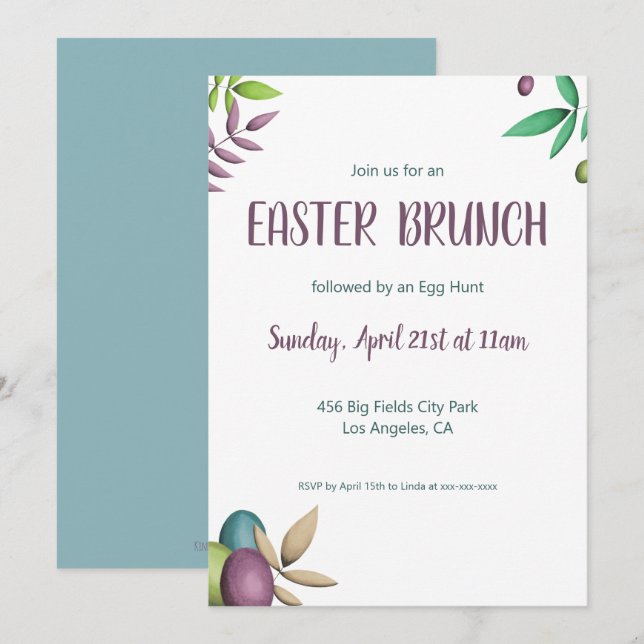 Invitación Elegante huevo de Pascua Verde Floral Púrpura (Anverso / Reverso)