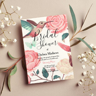 Invitación Elegante Hummingbird Verde azulado Rosa Floral Bri