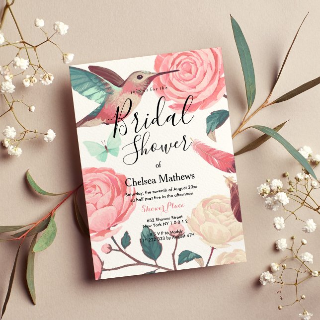 Invitación Elegante Hummingbird Verde azulado Rosa Floral Bri (Elegant Pink Teal Hummingbird Floral Bridal Shower)