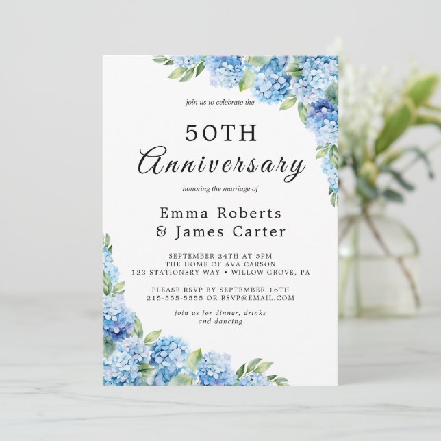 Invitación Elegante Hydrangea Azul 50 Aniversario Boda (Anverso de pie)