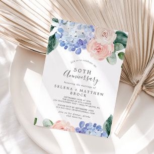 Invitación Elegante Hydrangea Azul 50 Aniversario Boda