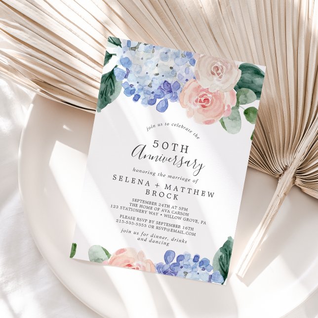 Invitación Elegante Hydrangea Azul 50 Aniversario Boda (Subido por el creador)