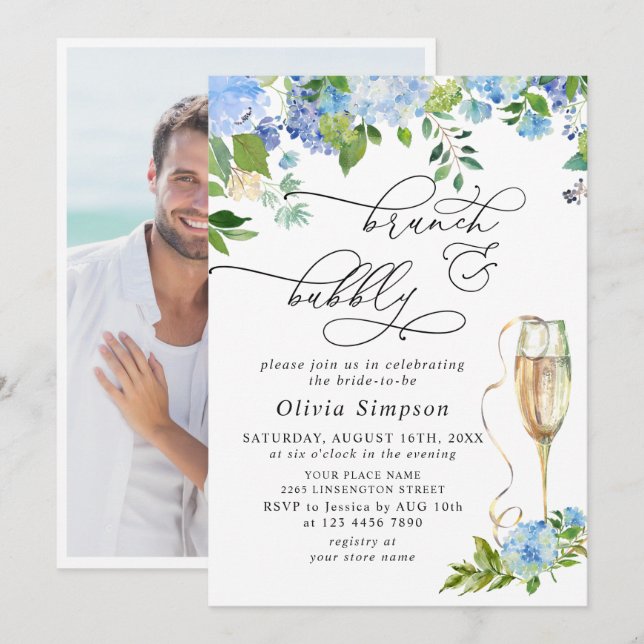 Invitación Elegante Hydrangea Azul Acuarela Brunch y Burbujas (Anverso / Reverso)