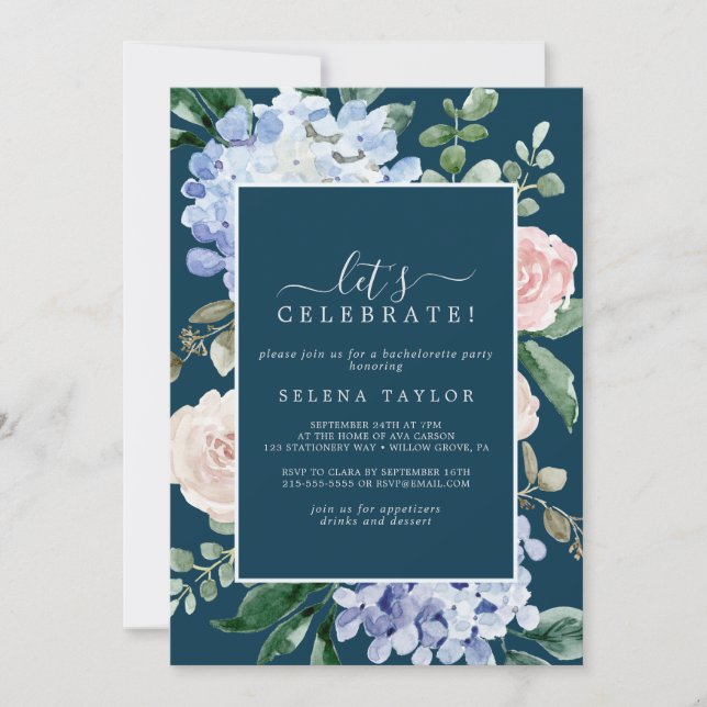 Invitación Elegante Hydrangea Azul | Armada Celebremos (Anverso)