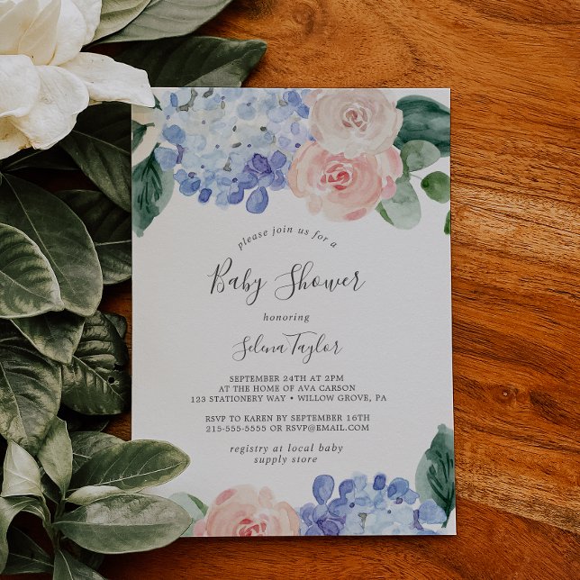 Invitación Elegante Hydrangea Azul | Baby Shower blanco (Subido por el creador)