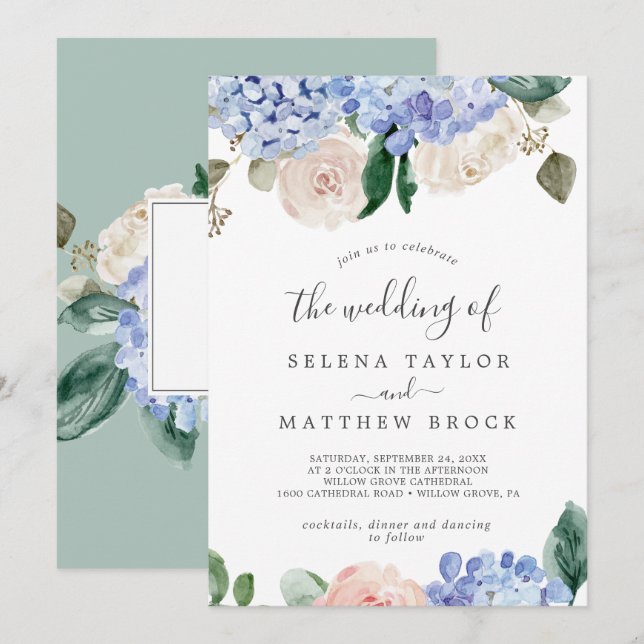Invitación Elegante Hydrangea Azul | Blanco El Boda de (Anverso / Reverso)