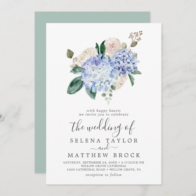 Invitación Elegante Hydrangea Azul | Blanco Todo En Un Boda (Anverso / Reverso)