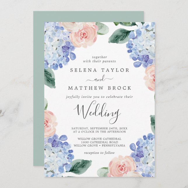 Invitación Elegante Hydrangea Azul | Boda blanco (Anverso / Reverso)