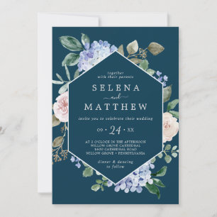 Invitación Elegante Hydrangea Azul   Boda Casual Azul