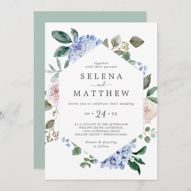 Invitación Elegante Hydrangea Azul | Boda Casual Blanco (Anverso / Reverso)