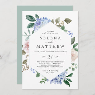 Invitación Elegante Hydrangea Azul   Boda Casual Blanco