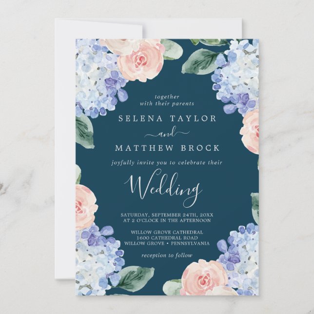 Invitación Elegante Hydrangea Azul | Boda de la Marina (Anverso)