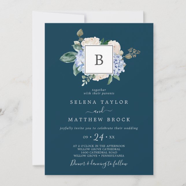 Invitación Elegante Hydrangea Azul | Boda de Monograma de la  (Anverso)