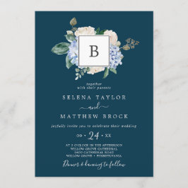 Invitación Elegante Hydrangea Azul | Boda de Monograma de la 