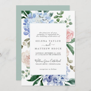 Invitación Elegante Hydrangea Azul   Boda formal blanco