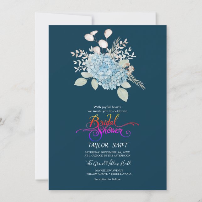 Invitación Elegante Hydrangea Azul | Despedida de Soltera Azu (Anverso)